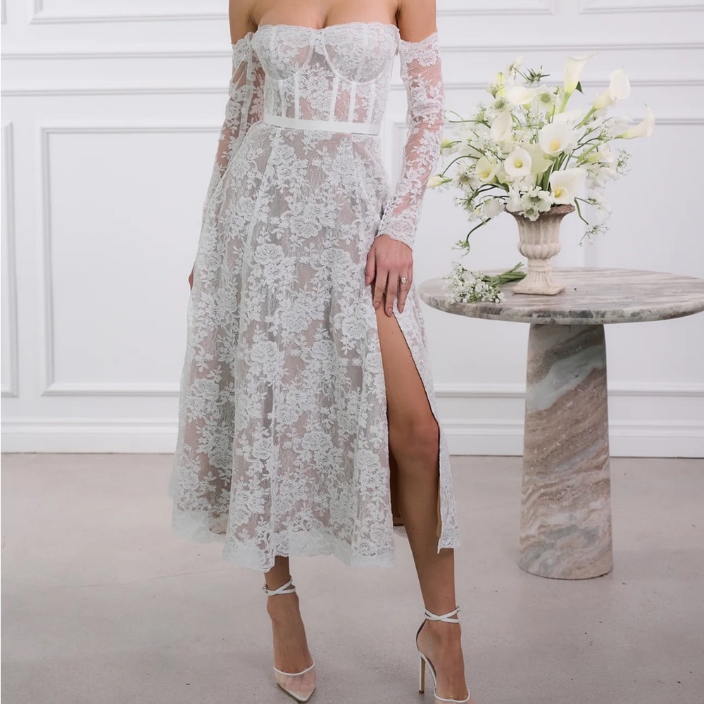 V. Chapman White Embellished Off-Shoulder Gown